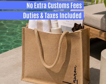 May include: A rectangular tan jute tote bag with two braided rope handles. The bag features the name Lauren printed in black script in the bottom right corner. Inside the bag are a white towel, a white bottle, a magazine, and dark sunglasses.