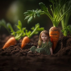 May include: A young girl in a green dress sits in the dirt next to a large carrot. The carrot is growing out of the ground and has green leaves. There are other carrots in the background.