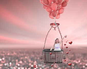 Hot Air Balloon Valentines Day Digital Backdrop/Digital Background for Photoshop, Elements, Etc.  Layered PSD