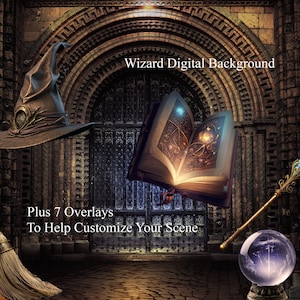 Digitale achtergrond voor fotografie met 7 Wizard-overlays als gelaagde PSD/digitale download voor Photoshop/Magical Wizard Photo Props/Download