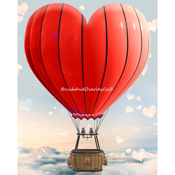 Valentine's Day/Heart Shaped Hot Air Balloon Digital Backdrop/Digital Background for Photoshop, Elements, Etc.