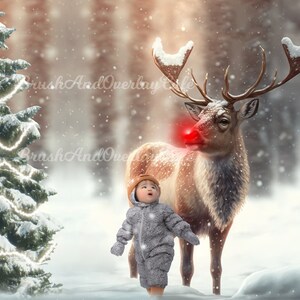 Rudolph Reindeer in the Winter Woods at Christmas Digitale Achtergrond/Achtergrond/Download voor Photoshop/Kerstkaart Idee
