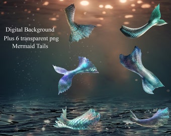 Digital Background Plus 6 Transparent PNG Overlays for Photoshop/ 6 Mermaid Tail PNGs,1 High Resolution Underwater Backdrop  for Photography