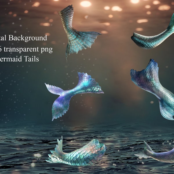 Digital Background Plus 6 Transparent PNG Overlays for Photoshop/ 6 Mermaid Tail PNGs,1 High Resolution Underwater Backdrop  for Photography