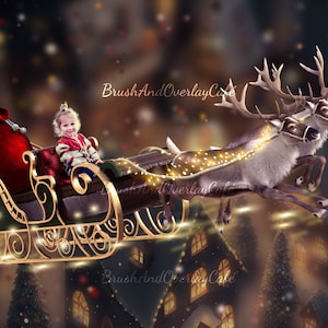Flying in Santa&#39;s Sleigh Pulled By Rudolph, Reindeer on Christmas Night...Digital Backdrop/Background for Photographers for use in Photoshop