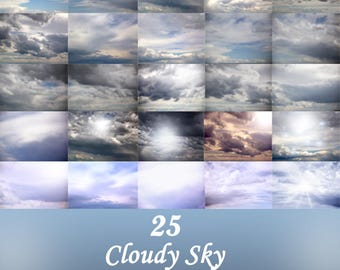 May include: A collage of 25 images featuring different cloudy sky overlays. The images show various cloud formations, including fluffy white clouds, dark storm clouds, and sunbeams breaking through the clouds. The images are arranged in a grid pattern and are labeled "25 Cloudy Sky Overlays".