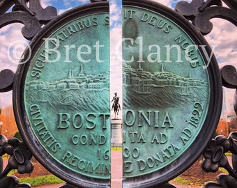Bostonia official seal on vintage Boston Public Garden gate with George Washington statue - Back Bay Downtown Boston - FREE SHIPPING!