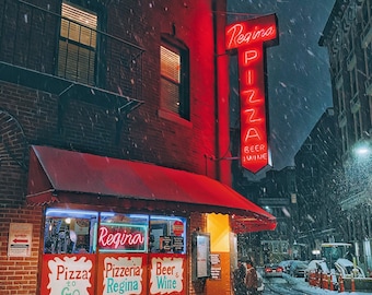 NEW! Regina Pizzeria North End in snow storm - The original and best pizza in Boston - Hanover Street Salem St. Boston Art - FREE SHIPPING!