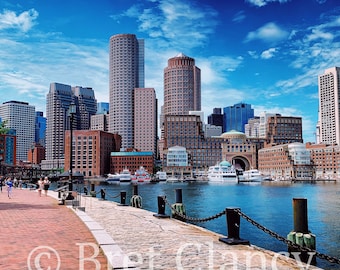 Boston Seaport's Fan Pier Boston downtown skyline view with boats in Boston Harbor - Boston Harbor Walk - South Boston - FREE SHIPPING!