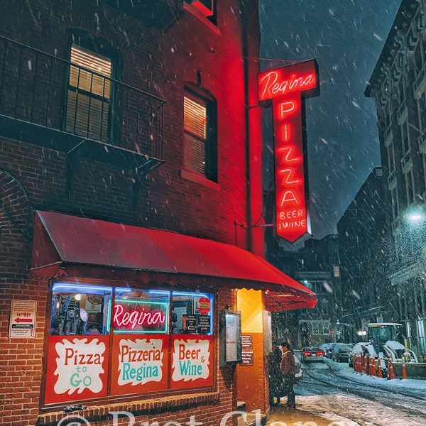 NEW! Regina Pizzeria North End in snow storm - The original and best pizza in Boston - Hanover Street Salem St. Boston Art - FREE SHIPPING!