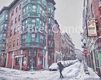 Bova's Bakery and Salem Street in Boston's historic North End during winter snow storm - FREE SHIPPING!