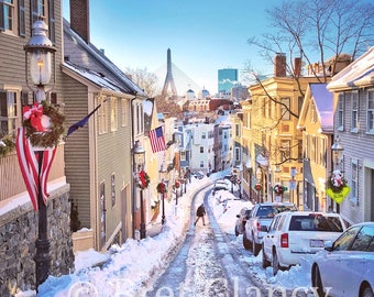 Charlestown waking up near Bunker Hill Monument with blue skies after winter snow storm - Boston Skyline, Freedom Trail - FREE SHIPPING!