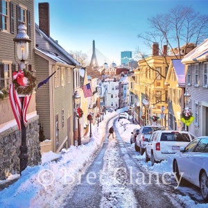 Charlestown waking up near Bunker Hill Monument with blue skies after winter snow storm - Boston Skyline, Freedom Trail - FREE SHIPPING!