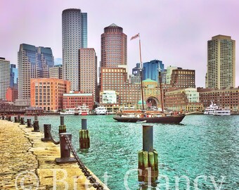 Fan Pier, Boston Harbor vintage sailboat glowing during a heavy rain storm - Boston Seaport and Boston city skyline - FREE SHIPPING!