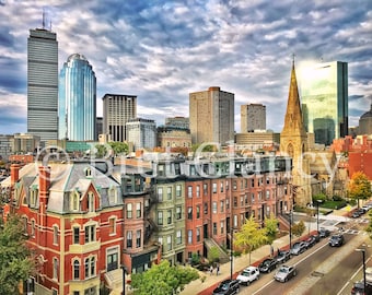South End and Back Bay brownstones with crazy clouds Boston skyline view and Hancock Tower reflection - Prudential Center - FREE SHIPPING!