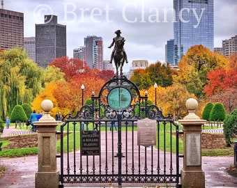 Autumn in Boston Public Garden - Timeless George Washington Statue and fall colors - Boston city skyline - Boston Common - FREE SHIPPING!