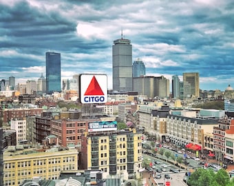 Kenmore Square with the iconic Citgo Sign and Boston skyline from above - Fenway Park - Boston University art skyline view - FREE SHIPPING!