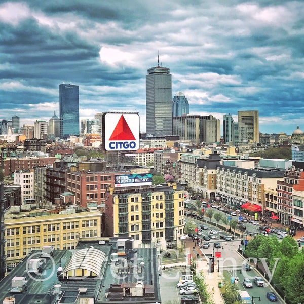 Kenmore Square with the iconic Citgo Sign and Boston skyline from above - Fenway Park - Boston University art skyline view - FREE SHIPPING!