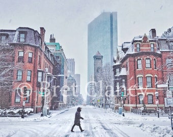 Clarendon Street in Back Bay during Boston blizzard - Hancock Tower and Boston skyline with vintage brownstones in snow - FREE SHIPPING!