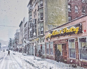 Mike's Pastry on Hanover Street, Boston - Iconic pastry shop in Boston's North End during winter blizzard snow storm - FREE SHIPPING!