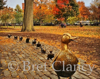 Autumn at the world-famous Make Way for Ducklings statue in the Boston Public Garden - FREE SHIPPING!