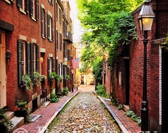 Peaceful cobblestone street, vintage brick row houses and antique lamps on Beacon Hill's world famous Acorn Street Boston - FREE SHIPPING!