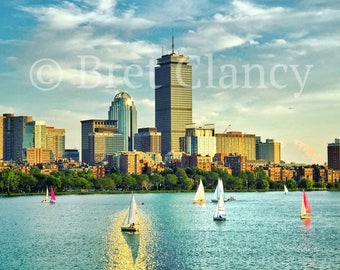 Marvelous Boston skyline sunset over Charles River and sailboats - Boston city skyline - FREE SHIPPING!