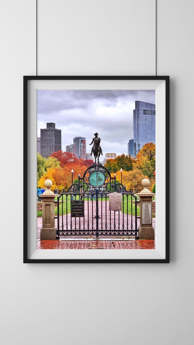 May include: A black wrought iron gate with a sign that reads "Bicycling & Roller Blading Prohibited" in front of a park with fall foliage and a statue of a man on horseback in the background.
