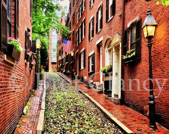 The most photographed street in America - Acorn Street, Beacon Hill, Boston - Timeless brick, cobblestone and American flag - FREE SHIPPING