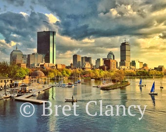 Sailboat view of Charles River, Boston - Back Bay sunset from the Longfellow Bridge on Beacon Hill - FREE SHIPPING!