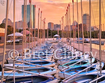 Sailboats galore in the Boston summer sunset - Charles River Esplanade and Boston city skyline - Back Bay Community Boating - FREE SHIPPING!