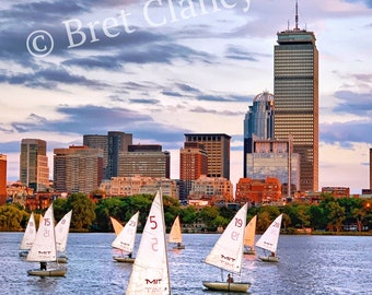 NEW! Charles River sailboats with summer storm clearing - Boston skyline from Cambridge Mass - Prudential Back Bay  - FREE SHIPPING!