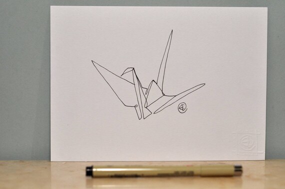 Contour Dessin Trait Continu Grue Origami Oiseau Papier A5 148 X 210 Mm 583 X 827 Noir Et Blanc Idée Cadeau
