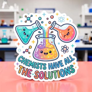 May include: A colorful sticker featuring cartoon beakers and the text "CHEMISTS HAVE ALL THE SOLUTIONS." The sticker shows liquids pouring from two beakers into a larger one. The beakers and the text are outlined in black.