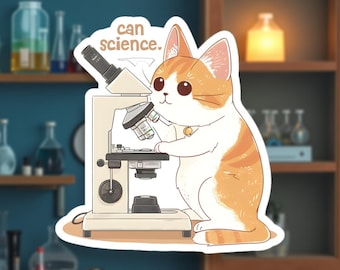 Gatito científico / Lindo gato jugando con microscopio / Divertido regalo para amantes de los gatos científicos / Laboratorio de biología / Pegatina para portátil o botella de agua