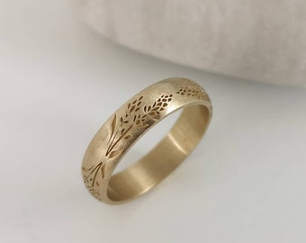 Lavender wedding band, 14k gold lavender stalk ring for women, engraved flower ring