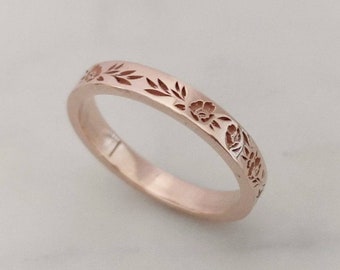 Thin floral wedding band, Flower wedding band, vintage style floral ring for women , personalized Valentine's day gift