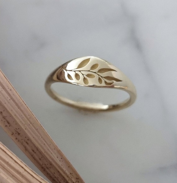 Olive Branch Signet Ring, Vintage Style Botanic Ring for Women