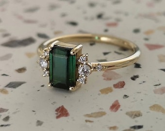 Tourmaline engagement ring, unique tourmaline ring, emerald cut ring, alternative engagement ring