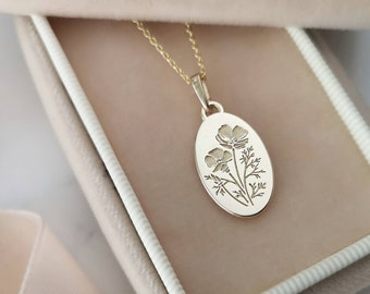 California Poppy necklace, 14k gold poppy flower necklace, unique personalized pendant, birth flower jewelry