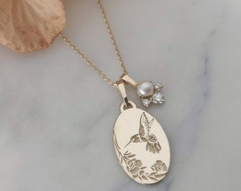 Hummingbird necklace, vintage style oval pendant, unique personalized pendant, floral engraving necklace, birthstone charm necklace