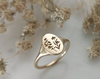 Wildflowers signet ring, 14k gold floral signet, birth flower ring, Mother's day gift