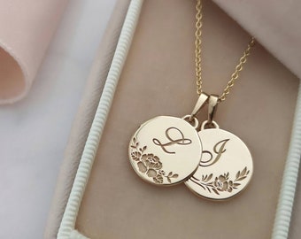 Personalized flowers necklace, 14k gold monogram necklace