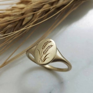 Wheat signet ring, 14k gold wheat ring, barley ring