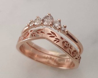 Wedding ring set, 14k vintage style floral band paired with a champagne diamond ring.