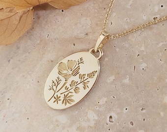 California Poppy and Lupine necklace, 14k gold wildflowers necklace, unique personalized pendant, birth flower jewelry