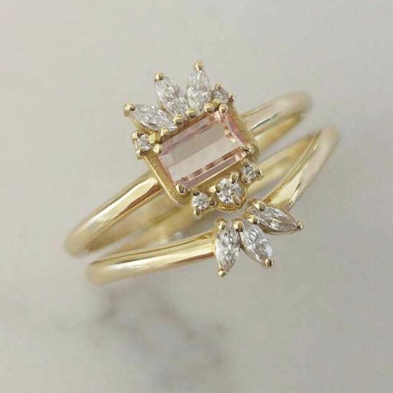 Topaz engagement ring set, unique imperial topaz ring, emerald cut ring, alternative engagement ring imagem 2