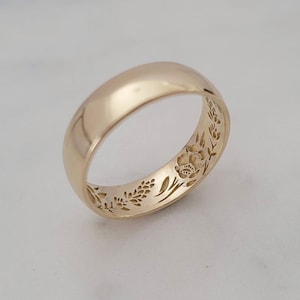 Secret poppy lavender garden wedding band, 14k gold floral wedding band
