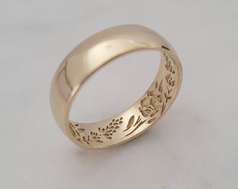 Geheime klaproos lavendeltuin trouwring, 14k gouden bloementrouwring