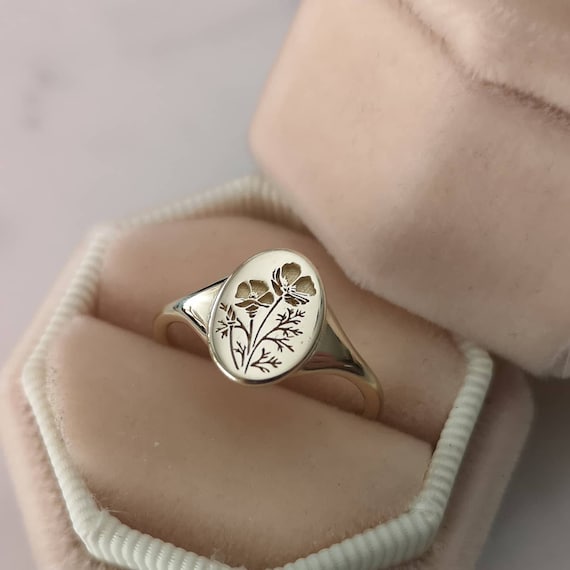 Poppy Ring, 14k Gold California Poppy Signet, Birth Flower